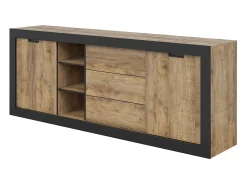 Buffet MEUNIER – 2 puertas correderas & 3 cajones – Roble Samdal & negro mate – 220×85×45 cm