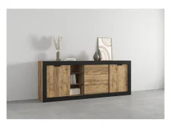 Buffet MEUNIER – 2 puertas correderas & 3 cajones – Roble Samdal & negro mate – 220×85×45 cm