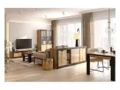 Buffet MEUNIER – 2 puertas correderas & 3 cajones – Roble Samdal & negro mate – 220×85×45 cm
