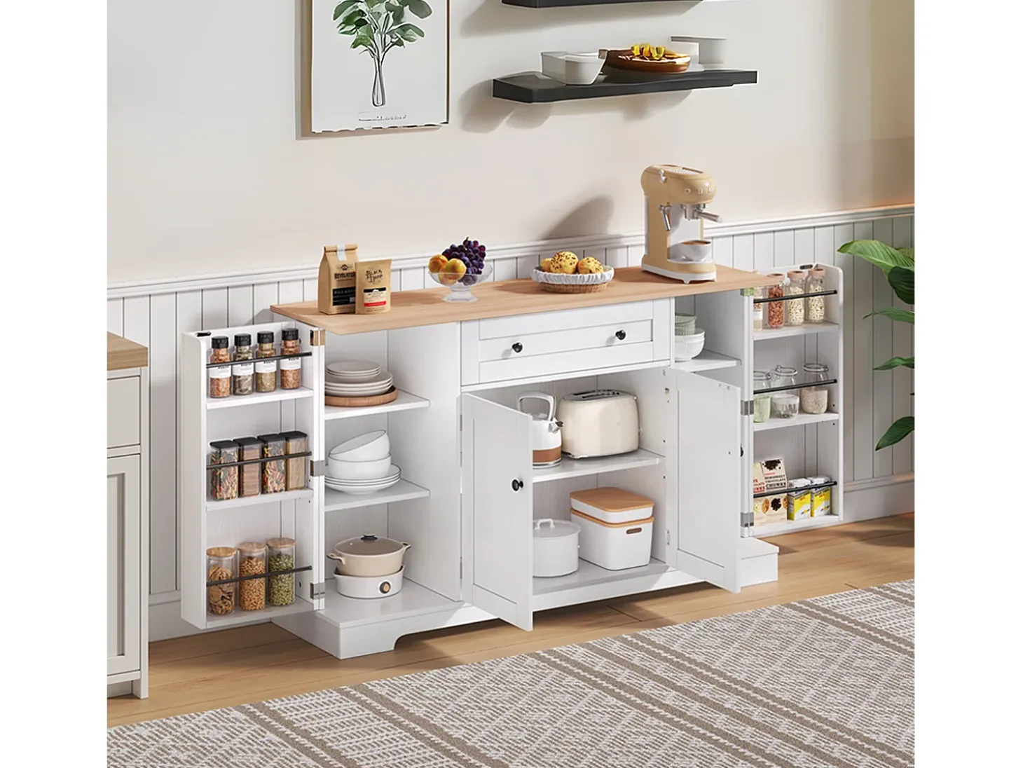 Buffet moderno 138×40×85 cm - con 2 puertas y 1 cajón - 2 puertas con estantes - blanco+natural