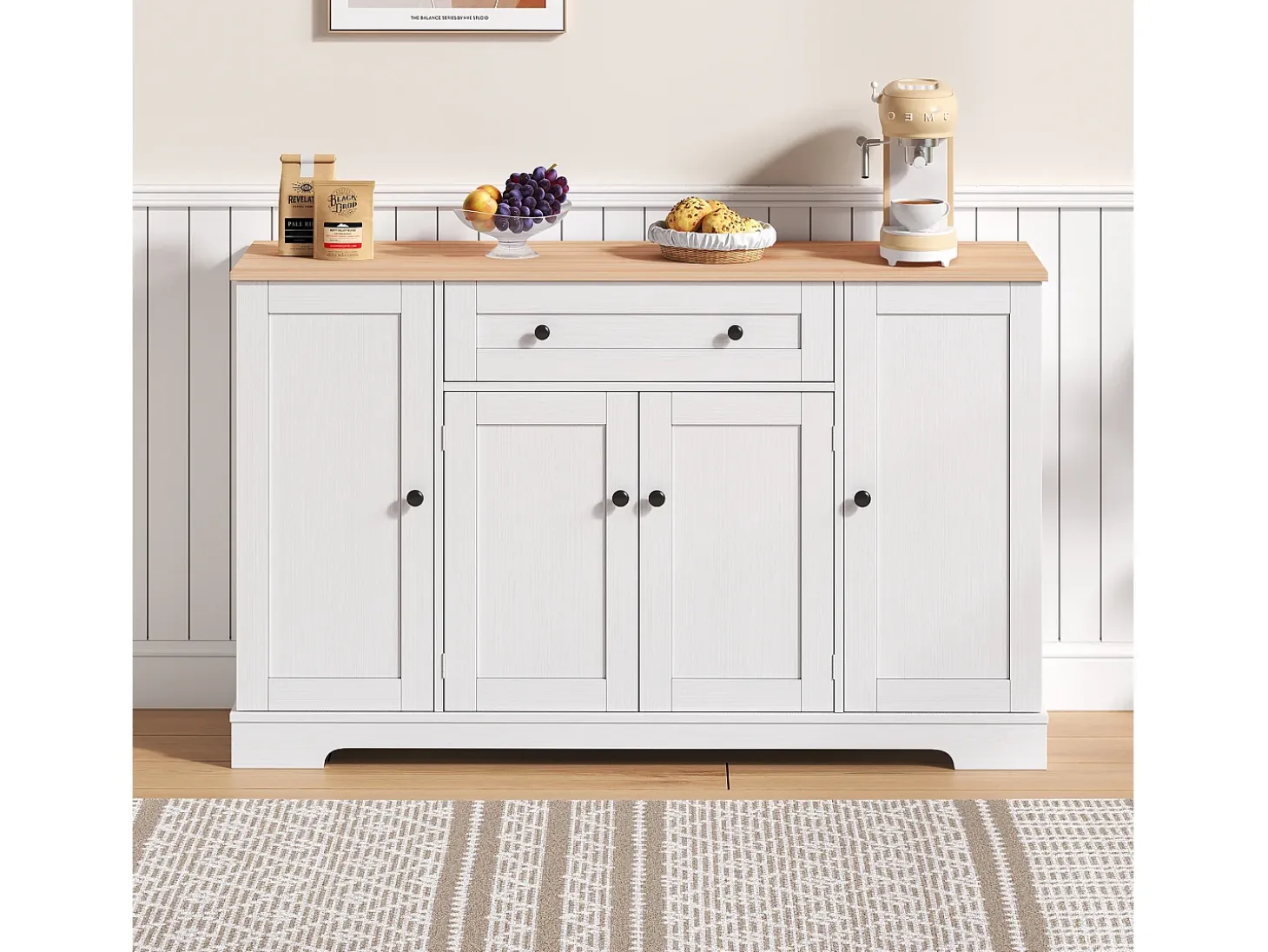 Buffet moderno 138×40×85 cm - con 2 puertas y 1 cajón - 2 puertas con estantes - blanco+natural