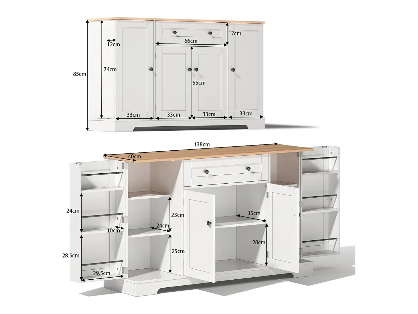 Buffet moderno 138×40×85 cm - con 2 puertas y 1 cajón - 2 puertas con estantes - blanco+natural
