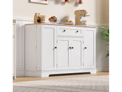 Buffet moderno 138×40×85 cm - con 2 puertas y 1 cajón - 2 puertas con estantes - blanco+natural