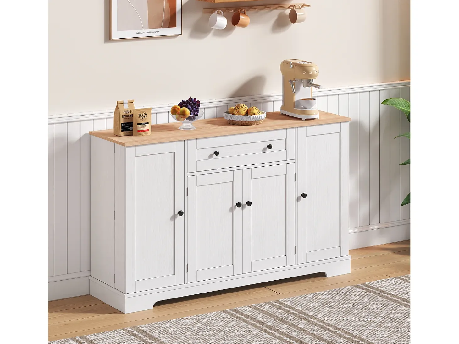 Buffet moderno 138×40×85 cm - con 2 puertas y 1 cajón - 2 puertas con estantes - blanco+natural