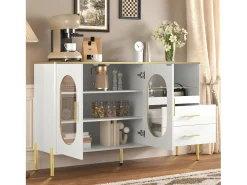 Buffet moderno 140×38×90 cm - con 2 cajones - con 2 puertas de vidrio - blanco