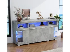Buffet moderno con LED - 4 puertas y 9 compartimentos de almacenamiento - MDF + vidrio templado transparente - Gris