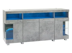 Buffet moderno con LED - 4 puertas y 9 compartimentos de almacenamiento - MDF + vidrio templado transparente - Gris