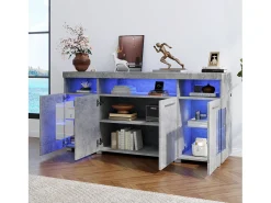 Buffet moderno con LED - 4 puertas y 9 compartimentos de almacenamiento - MDF + vidrio templado transparente - Gris