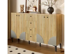 Buffet moderno de madera 160x36x94 cm - 4 puertas y 4 cajones - Acabado de madera - Paneles de partículas - Natural