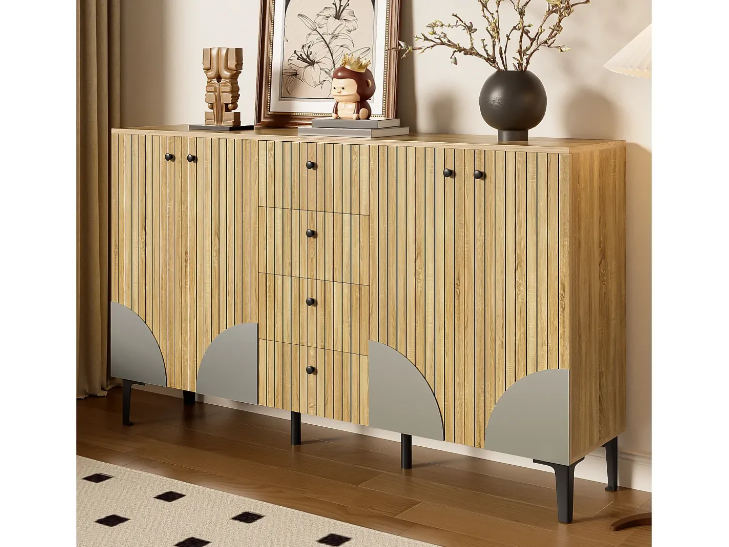 Buffet moderno de madera 160x36x94 cm - 4 puertas y 4 cajones - Acabado de madera - Paneles de partículas - Natural