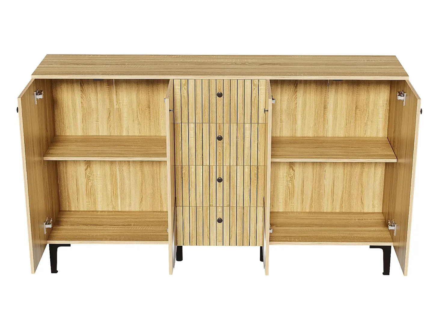 Buffet moderno de madera 160x36x94 cm - 4 puertas y 4 cajones - Acabado de madera - Paneles de partículas - Natural