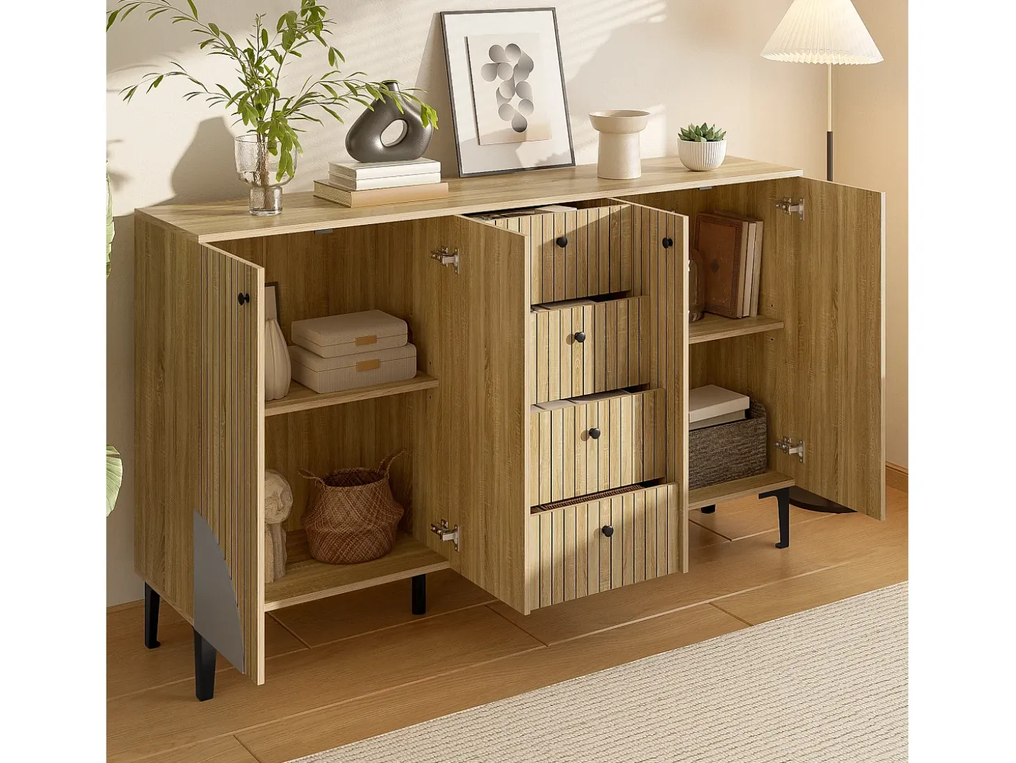 Buffet moderno de madera 160x36x94 cm - 4 puertas y 4 cajones - Acabado de madera - Paneles de partículas - Natural