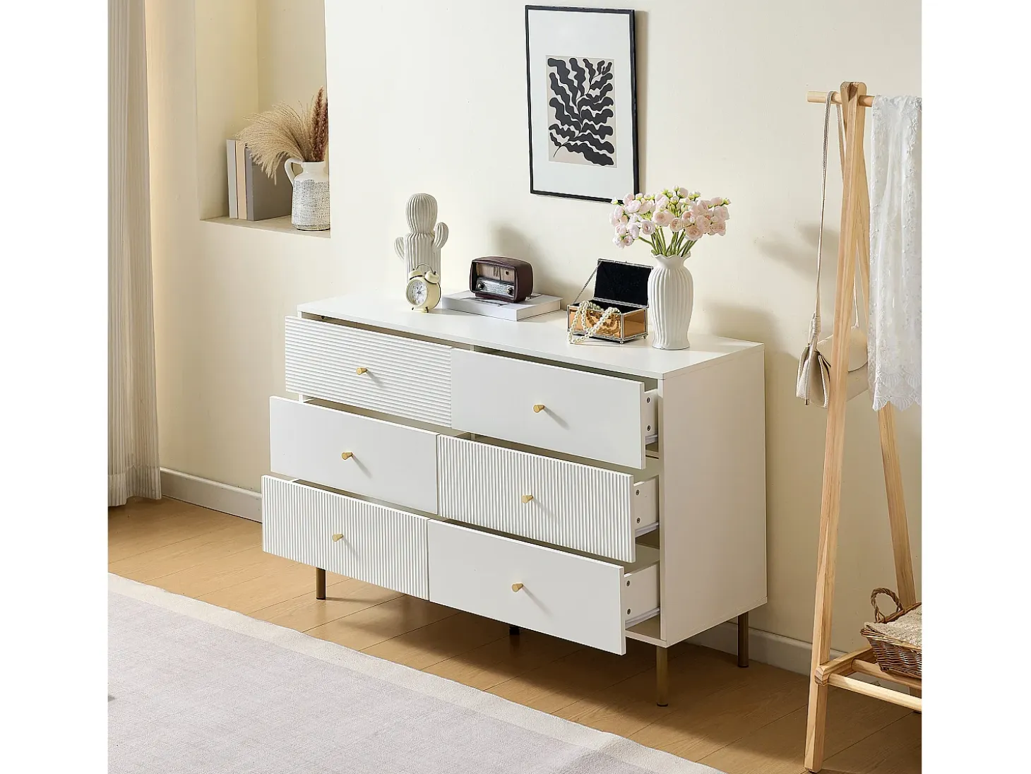Buffet moderno 120x40x78 cm - 6 cajones - Patas de metal - MDF - Blanco