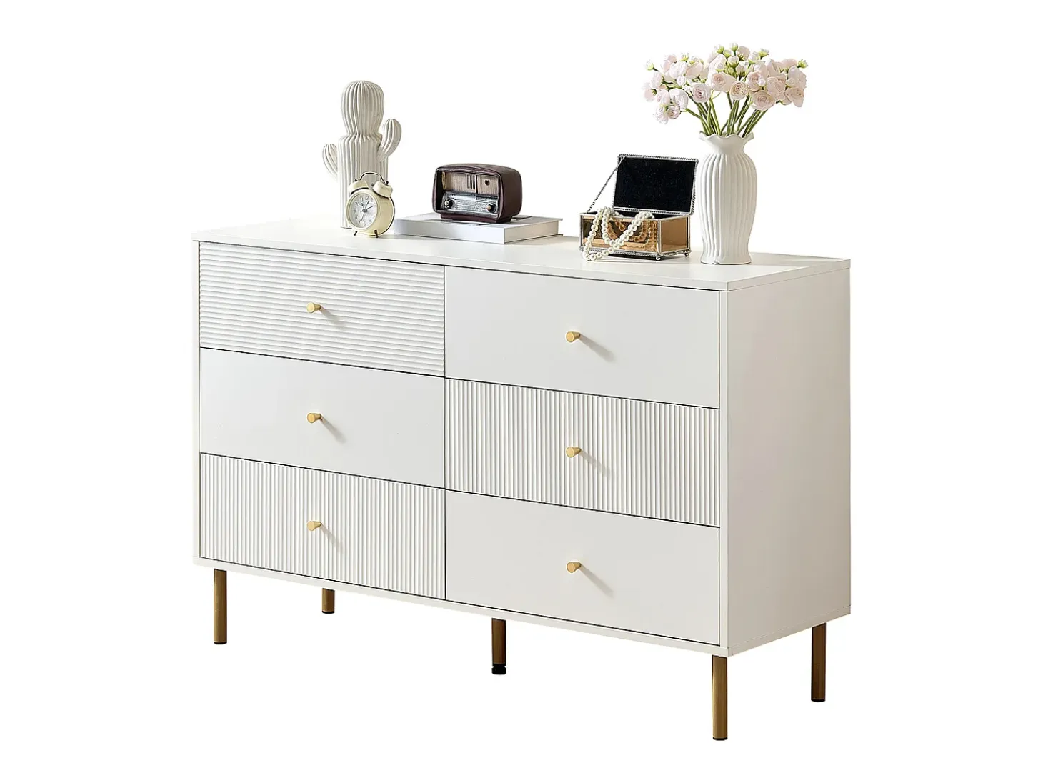 Buffet moderno 120x40x78 cm - 6 cajones - Patas de metal - MDF - Blanco