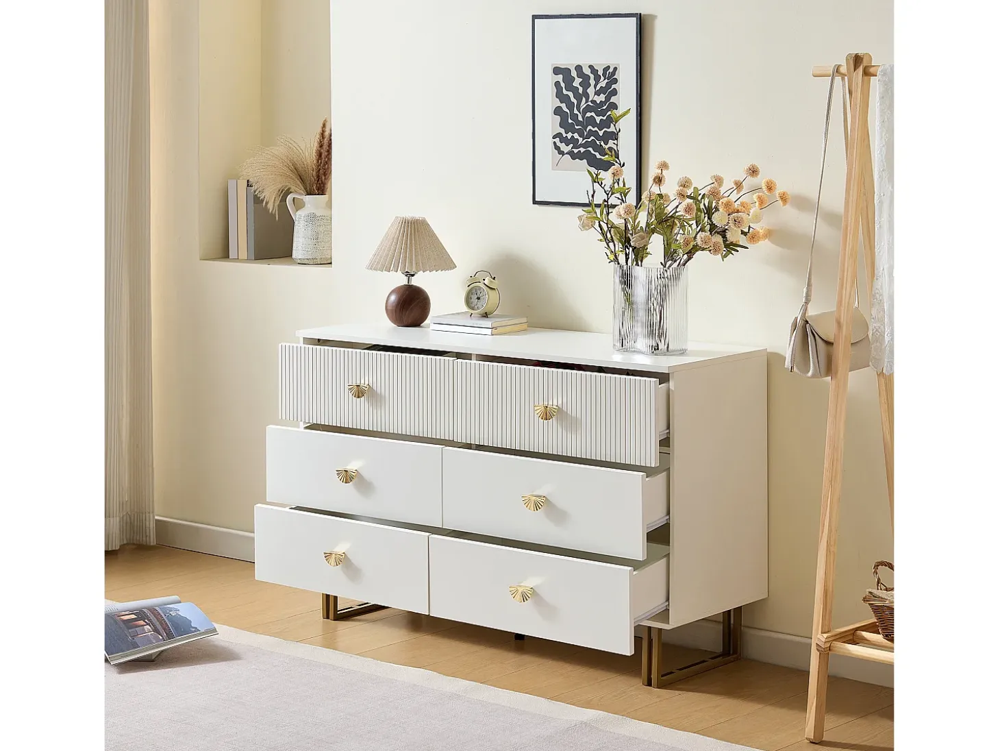 Buffet moderno 120x40x75 cm - con 6 cajones - Patas de acero - MDF - Blanco