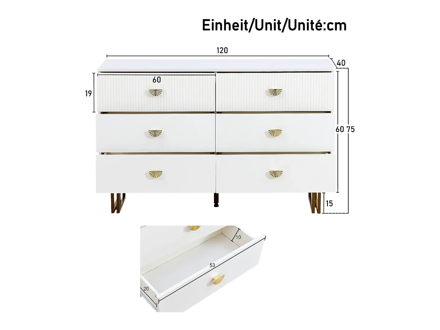 Buffet moderno 120x40x75 cm - con 6 cajones - Patas de acero - MDF - Blanco