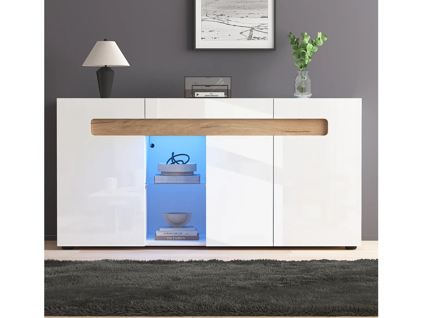 Buffet moderno 140x40x70 cm - con iluminación LED - con 3 puertas - blanco