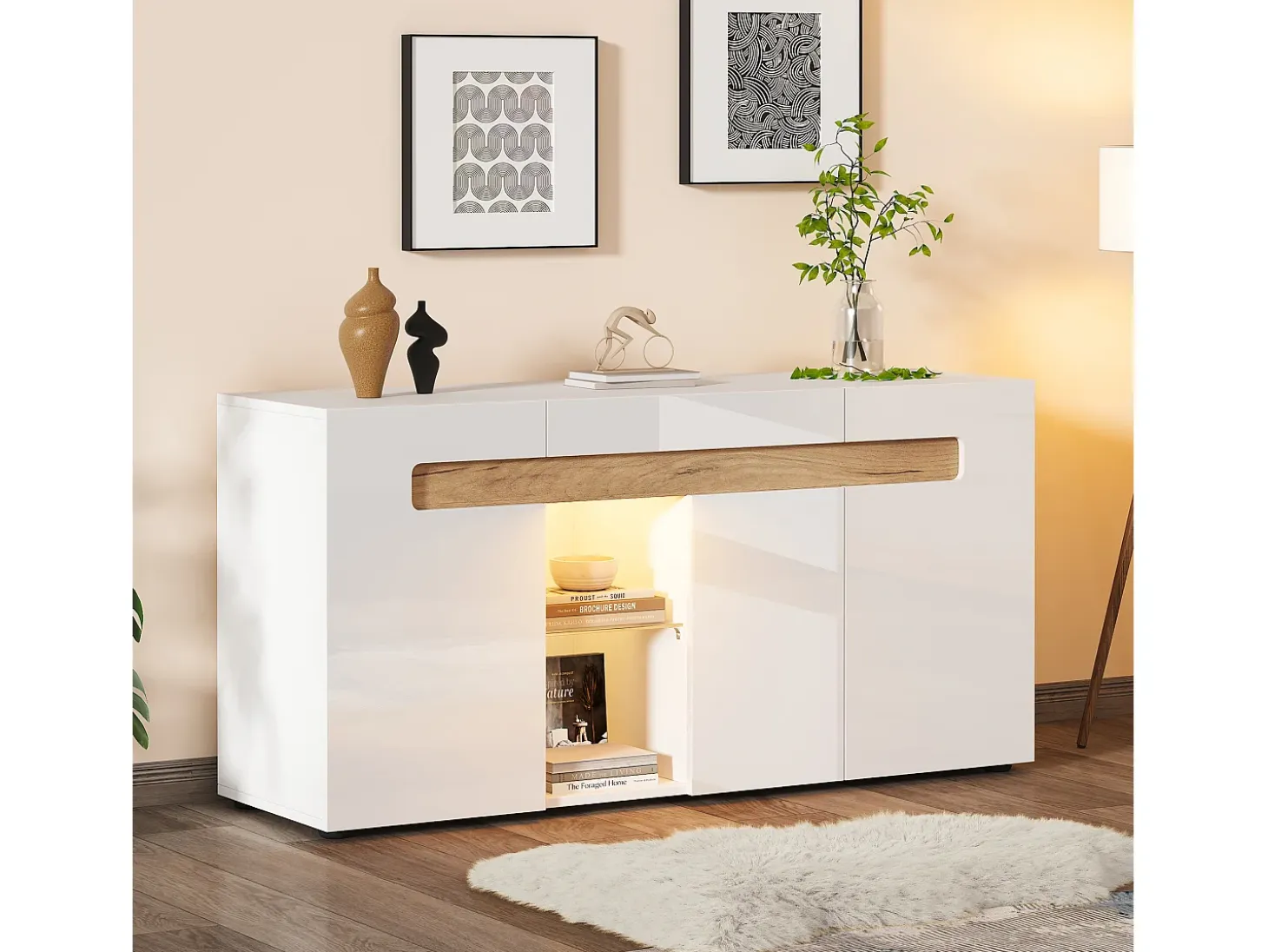 Buffet moderno 140x40x70 cm - con iluminación LED - con 3 puertas - blanco