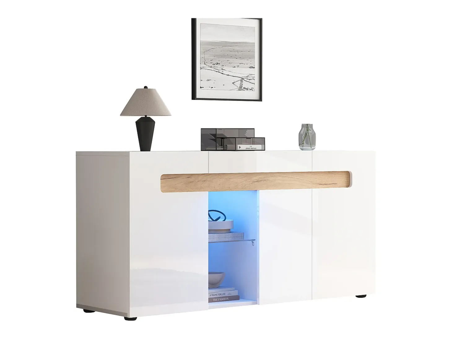 Buffet moderno 140x40x70 cm - con iluminación LED - con 3 puertas - blanco