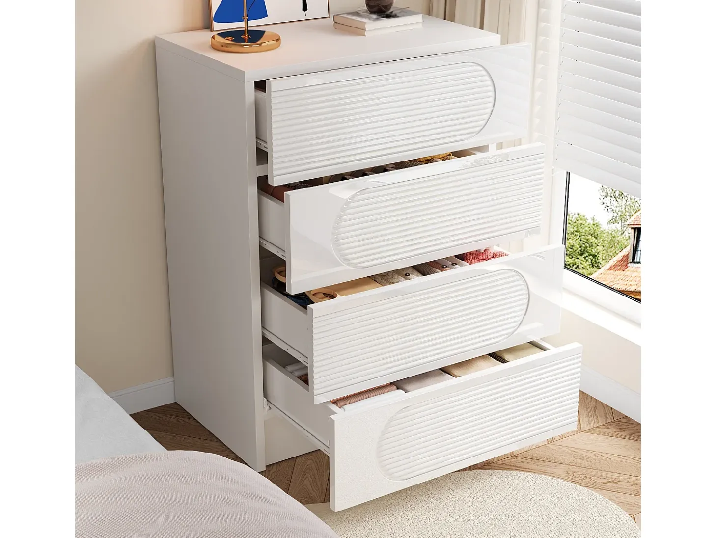 Buffet moderno 60x38.5x85 cm - Mueble de almacenamiento con 4 cajones - Acabado brillante - Blanco