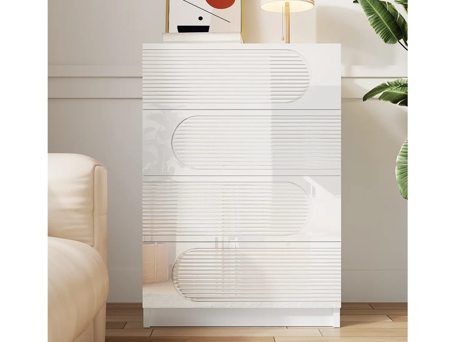Buffet moderno 60x38.5x85 cm - Mueble de almacenamiento con 4 cajones - Acabado brillante - Blanco