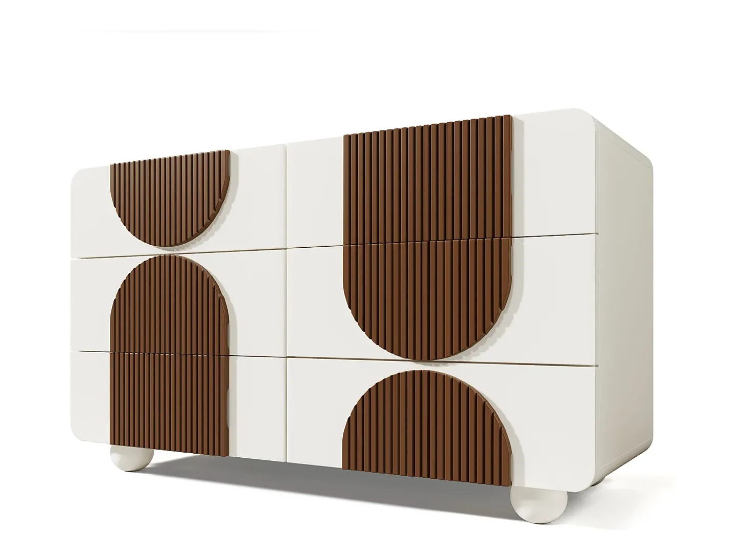 Buffet moderno 121x41x71cm - con 6 cajones deslizantes silenciosos - diseño geométrico - con listones de madera color marrón chocolate - Blanco + Marrón