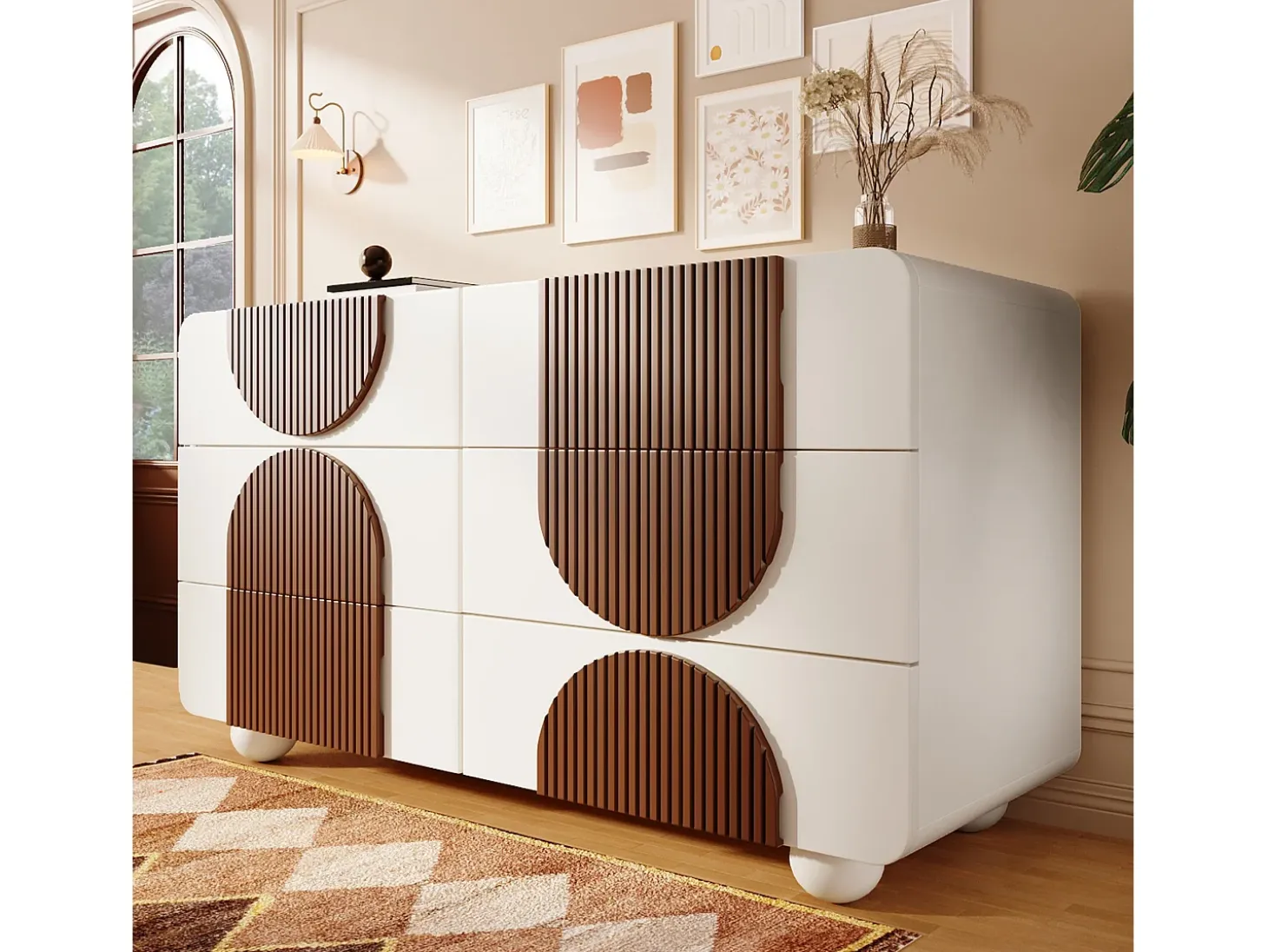 Buffet moderno 121x41x71cm - con 6 cajones deslizantes silenciosos - diseño geométrico - con listones de madera color marrón chocolate - Blanco + Marrón