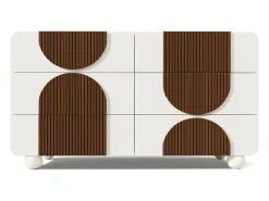 Buffet moderno 121x41x71cm - con 6 cajones deslizantes silenciosos - diseño geométrico - con listones de madera color marrón chocolate - Blanco + Marrón