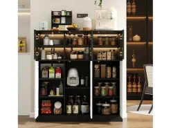 Buffet moderno 100x40x105cm - con 3 puertas de vidrio y 3 puertas blancas - con LED - tablero de partículas - Blanco + Negro