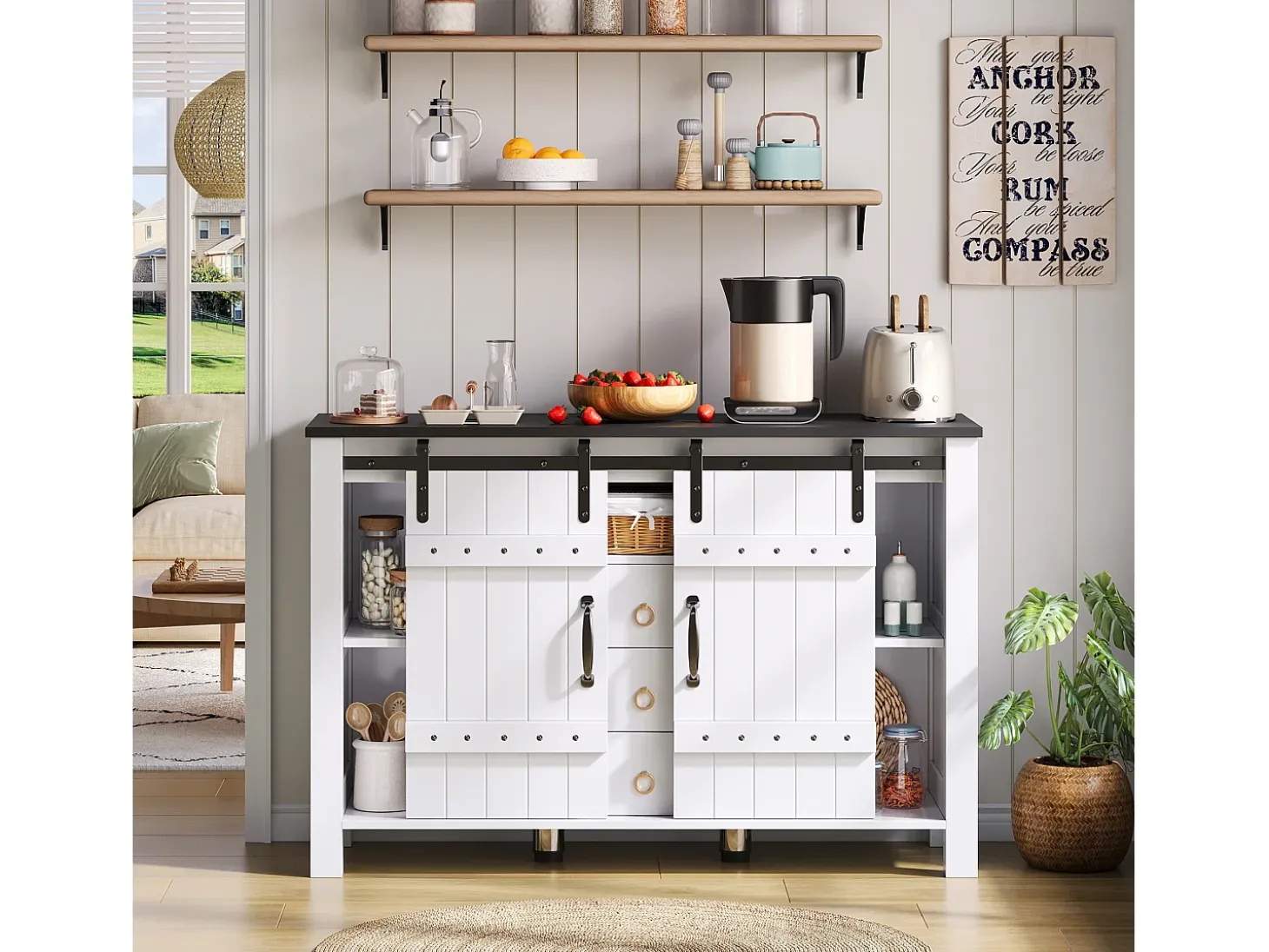 Buffet moderno 120x40x80cm - con 2 puertas correderas y 3 cajones - Blanco + Marrón