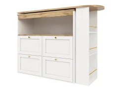 Buffet, Mueble de bar giratorio y abatible - 4 cajones y 4 compartimentos - Blanco