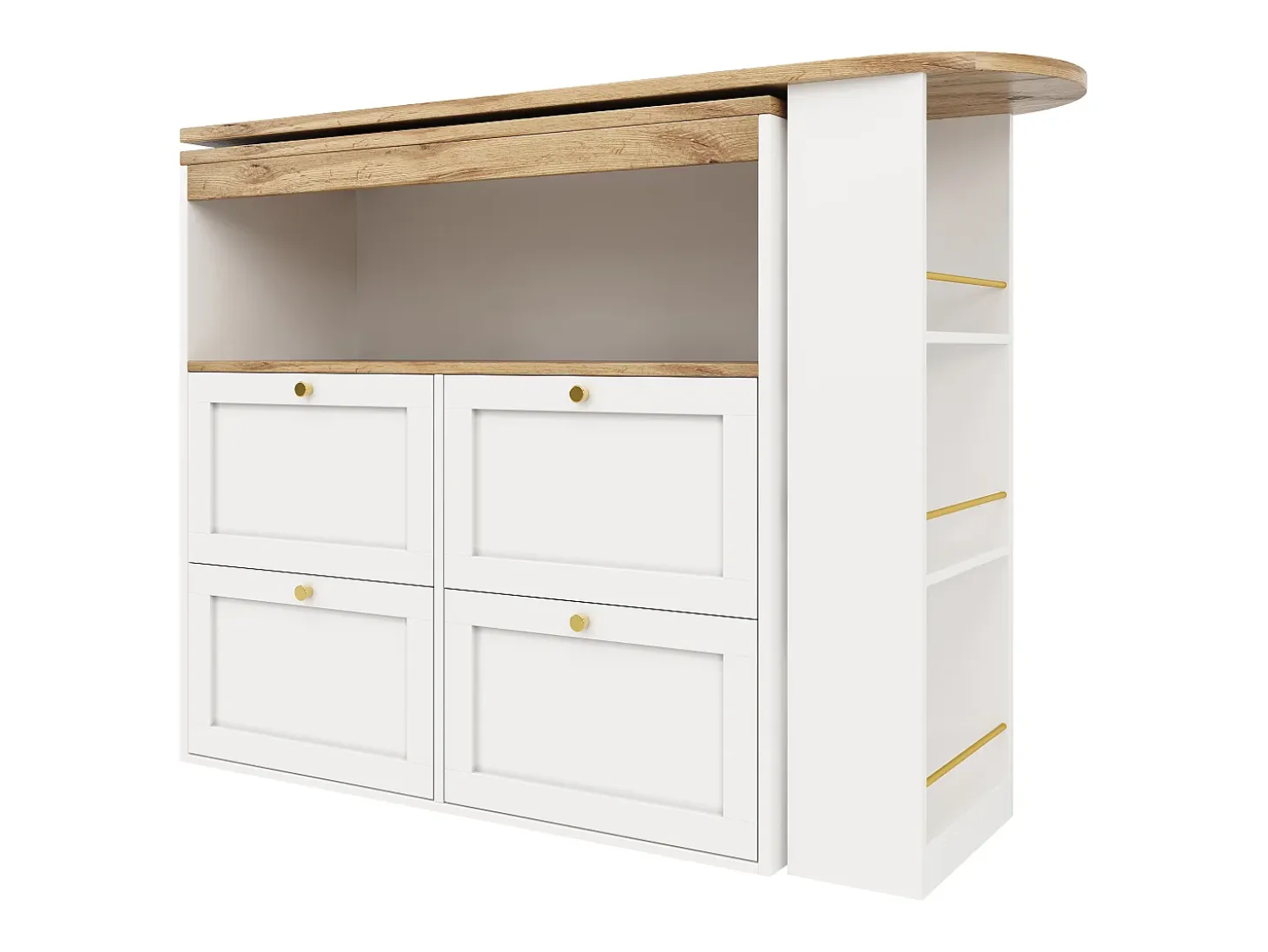 Buffet, Mueble de bar giratorio y abatible - 4 cajones y 4 compartimentos - Blanco