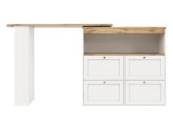 Buffet, Mueble de bar giratorio y abatible - 4 cajones y 4 compartimentos - Blanco