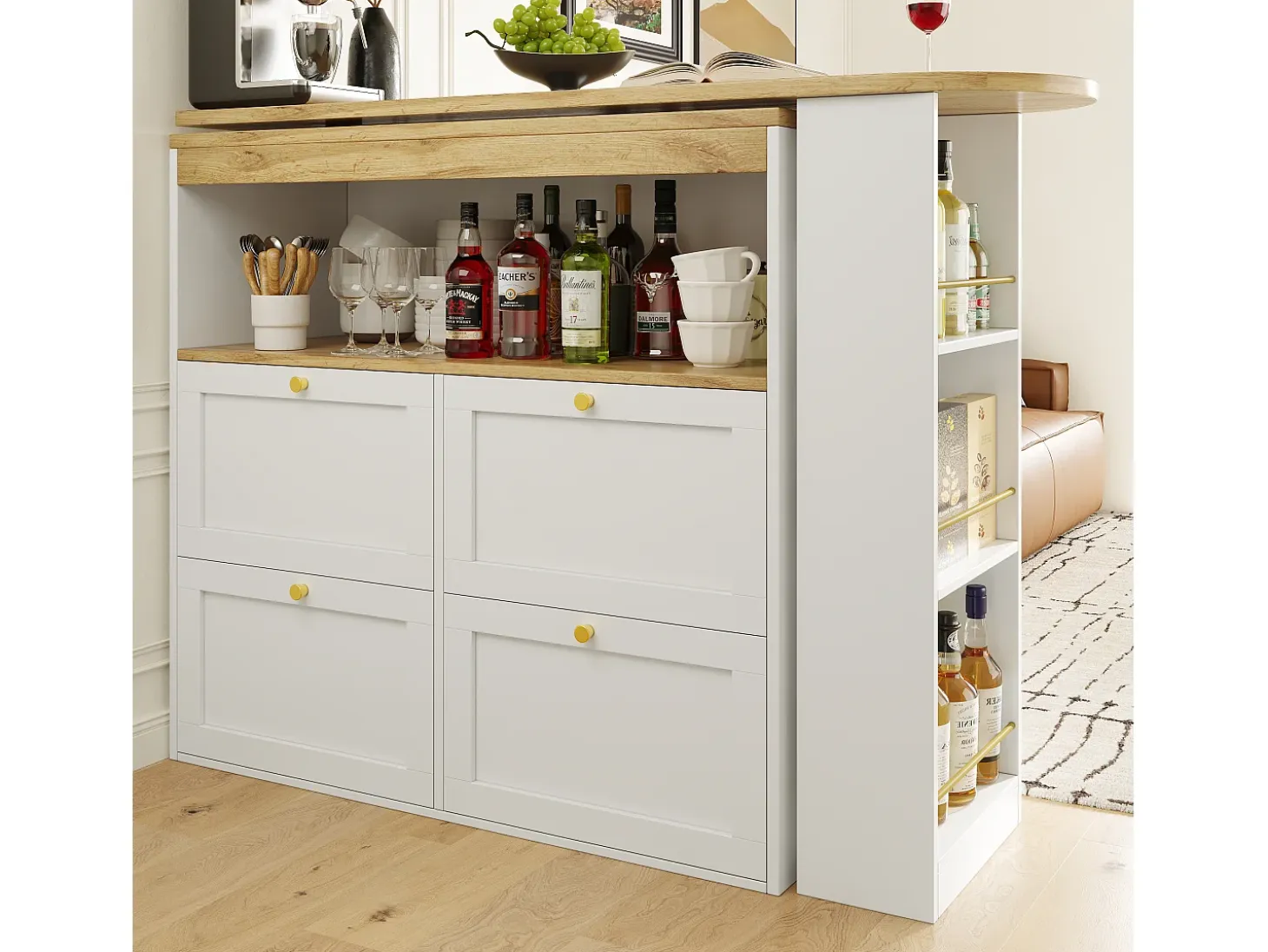 Buffet, Mueble de bar giratorio y abatible - 4 cajones y 4 compartimentos - Blanco
