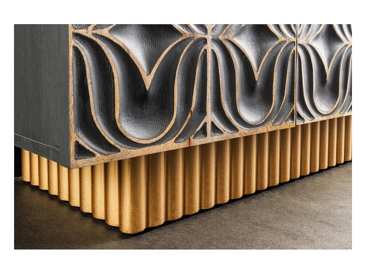 Buffet PALAZZO 180 cm – Madera maciza gris y dorada – Tallado estilo retro-veneciano