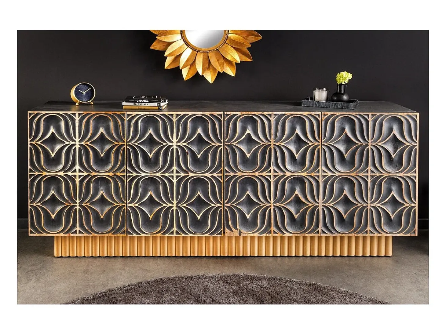 Buffet PALAZZO 180 cm – Madera maciza gris y dorada – Tallado estilo retro-veneciano