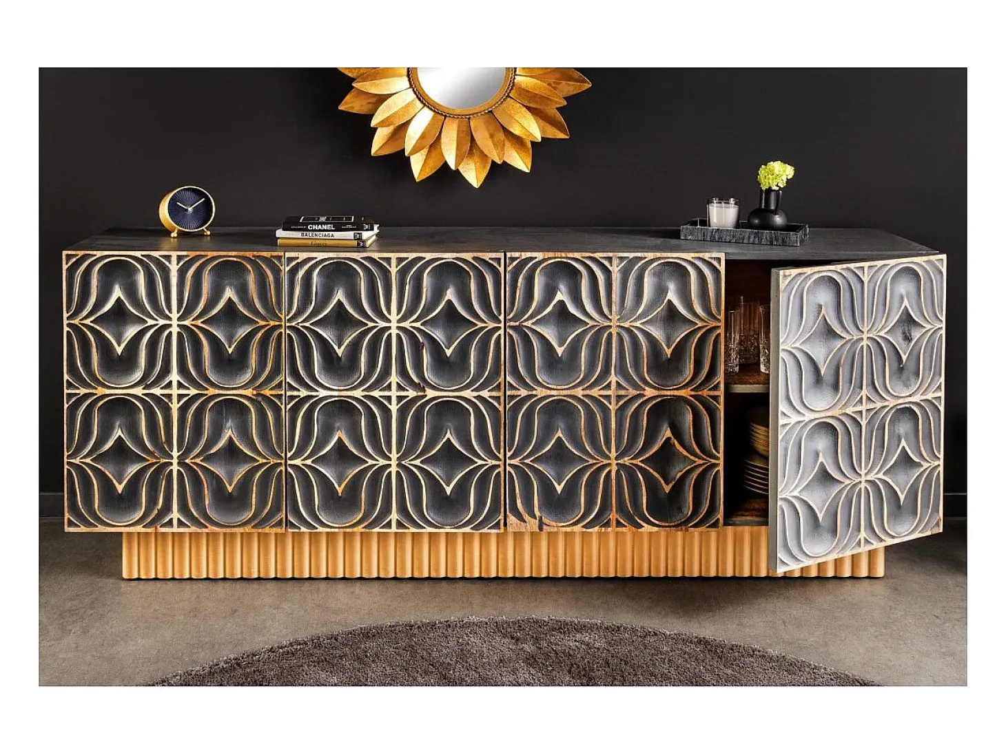 Buffet PALAZZO 180 cm – Madera maciza gris y dorada – Tallado estilo retro-veneciano