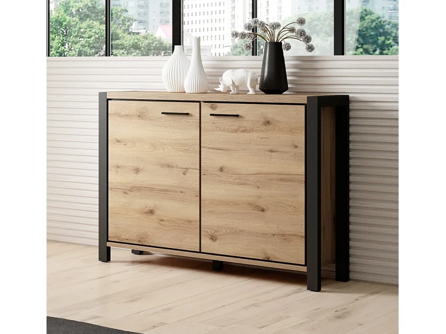 Buffet pequeño modelo 110cm colección TIVORA con 2 puertas color roble y negro.