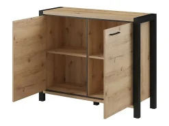 Buffet pequeño modelo 110cm colección TIVORA con 2 puertas color roble y negro.