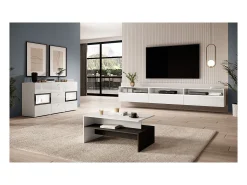 Buffet RAMOS – 2 puertas acristaladas + 3 cajones – Color blanco brillante y negro – LED no incluida