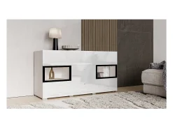 Buffet RAMOS – 2 puertas acristaladas + 3 cajones – Color blanco brillante y negro – LED no incluida