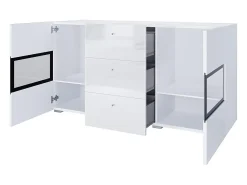 Buffet RAMOS – 2 puertas acristaladas + 3 cajones – Color blanco brillante y negro – LED no incluida
