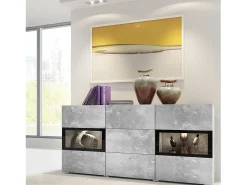 Buffet RAMOS – 2 puertas con cristales + 3 cajones – Gris efecto concreto y negro – Sin LED