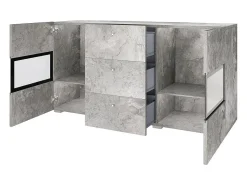 Buffet RAMOS – 2 puertas con cristales + 3 cajones – Gris efecto concreto y negro – Sin LED