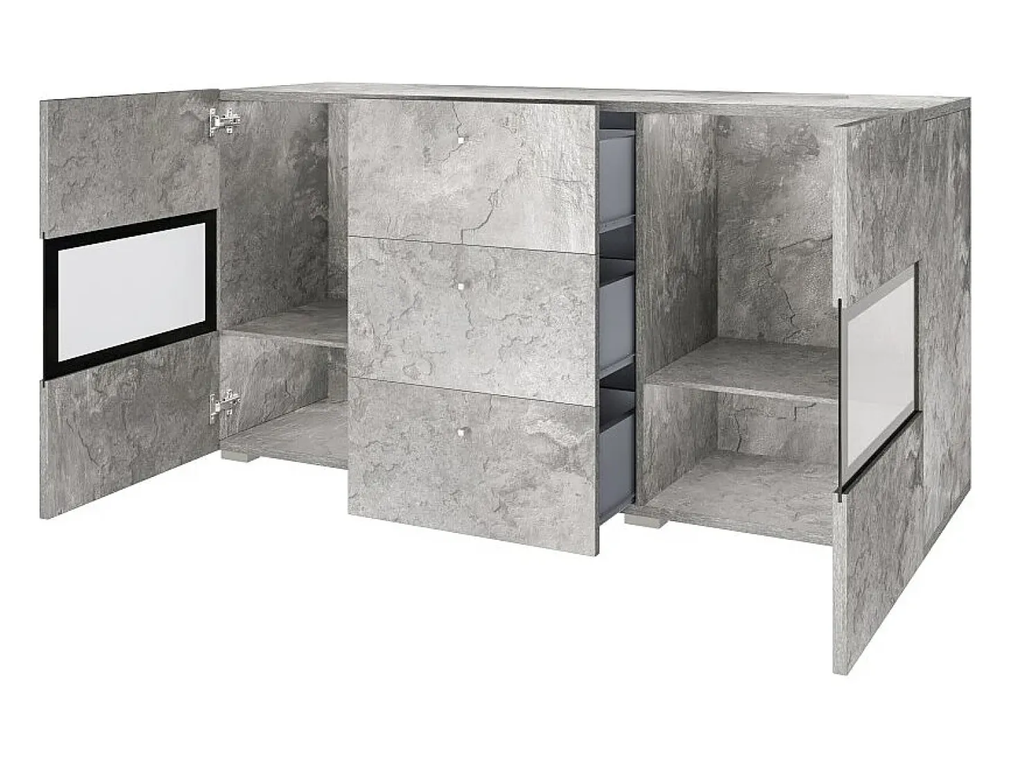 Buffet RAMOS – 2 puertas con cristales + 3 cajones – Gris efecto concreto y negro – Sin LED