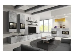 Buffet RAMOS – 2 puertas con cristales + 3 cajones – Gris efecto concreto y negro – Sin LED