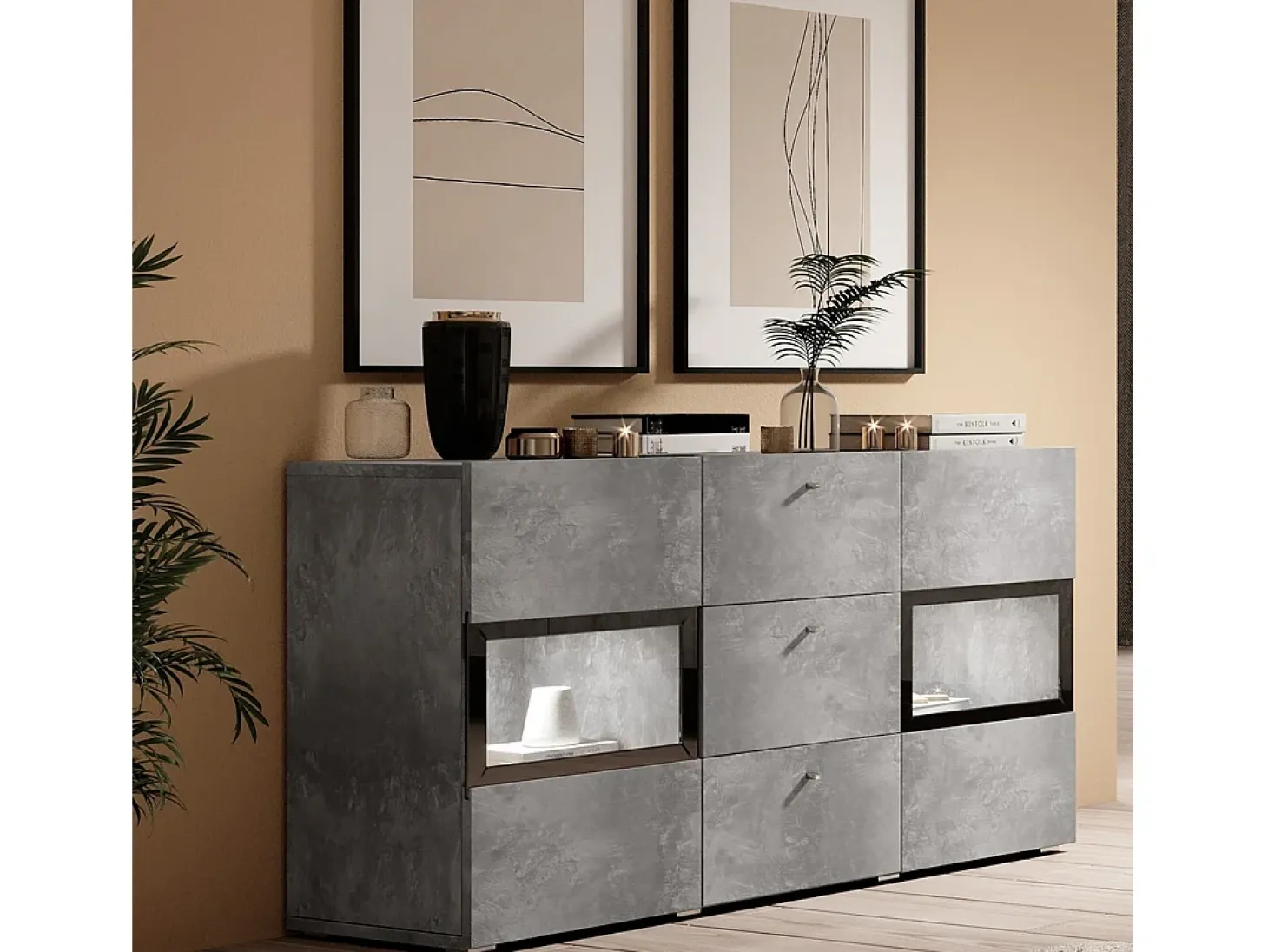 Buffet RAMOS – 2 puertas con cristales + 3 cajones – Gris efecto concreto y negro – Sin LED