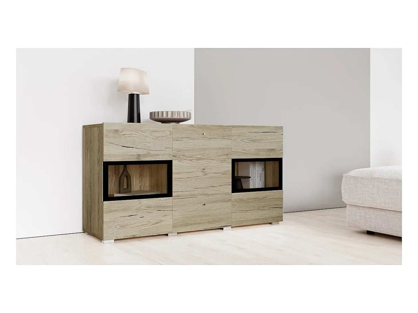 Buffet RAMOS – 2 puertas con cristal + 3 cajones – Color roble y negro – Diseño contemporáneo – LED no incluida
