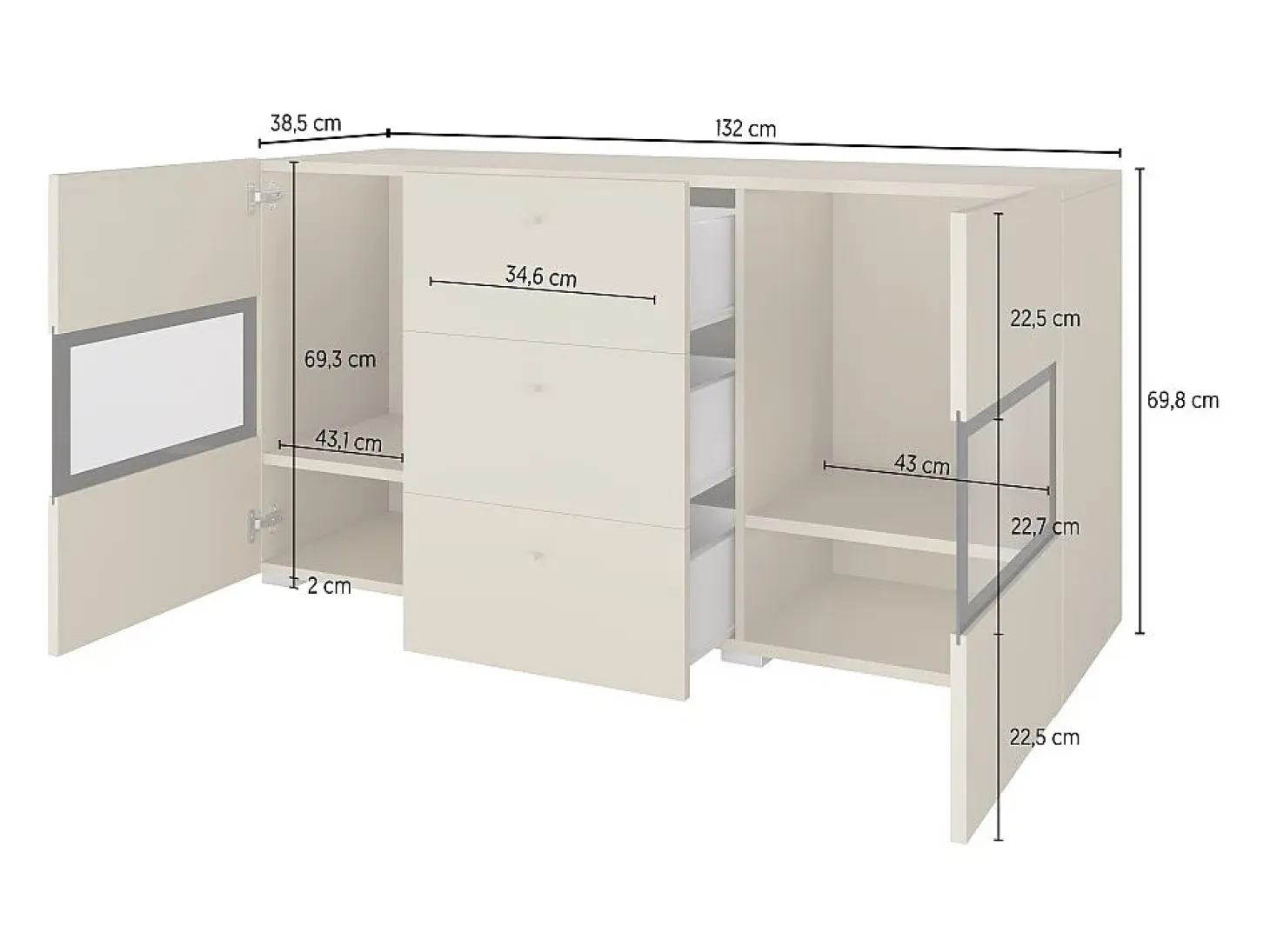 Buffet RAMOS – 2 puertas con cristal + 3 cajones – Color roble y negro – Diseño contemporáneo – LED no incluida
