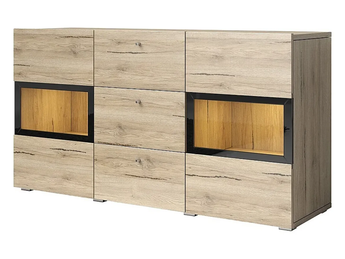 Buffet RAMOS – 2 puertas con cristal + 3 cajones – Color roble y negro – Diseño contemporáneo – LED no incluida